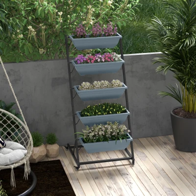Outsunny Escada para plantas, escada de flores, estante para plantas, empilhável, resistente às intempéries, 65 x 67 x 145 cm, Cinza + Preto