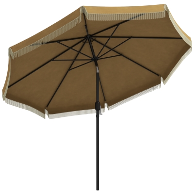 Outsunny Guarda-sol com decoração de franjas, Ø265 cm, inclinável, mastro metálico em duas partes, respiradouro, Caqui/Preto