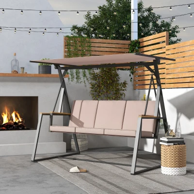 Outsunny Baloiço estilo Hollywood para jardim 3 lugares, com toldo, resistente às intempéries, Bege + Preto
