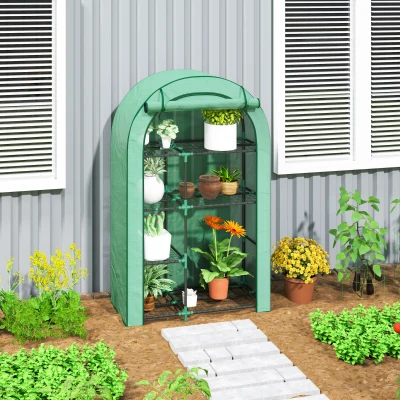 Outsunny Mini-estufa, estufa de 4 níveis com lona plástica, portátil, porta enrolável, 100 x 45 x 160 cm, verde