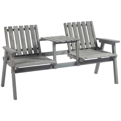 Outsunny Banco de Jardim com Mesa Conjunto de Assentos Mobiliário para Jardim com Furo para Guarda-sol Banco 2 Cadeiras Madeira Maciça Cinza 152x70x83 cm