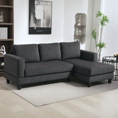 HOMCOM Sofá de canto, Sofá em L 3 lugares com chaise longue, Estrutura em madeira, 8 pés, Veludo cotelê, Estofamento em espuma, Cinza