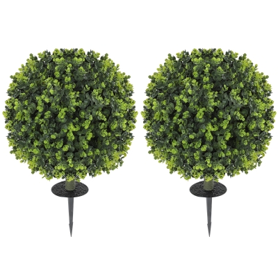HOMCOM Conjunto de 2 Plantas Artificiais Esferas de Buxo Artificiais com Estaca de Solo para Interior e Exterior Resistentes aos UV Verde