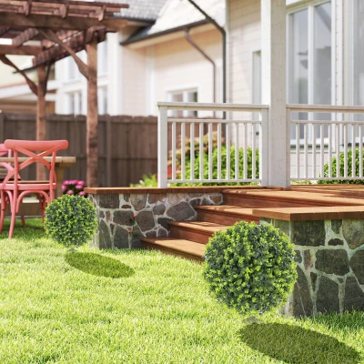 HOMCOM Conjunto de 2 Plantas Artificiais Esferas de Buxo Artificiais com Estaca de Solo para Interior e Exterior Resistentes aos UV Verde