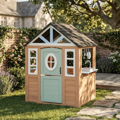 AIYAPLAY Maisonnette Bois Naturel Porte Cuisine Jouet Intérieur/Extérieur