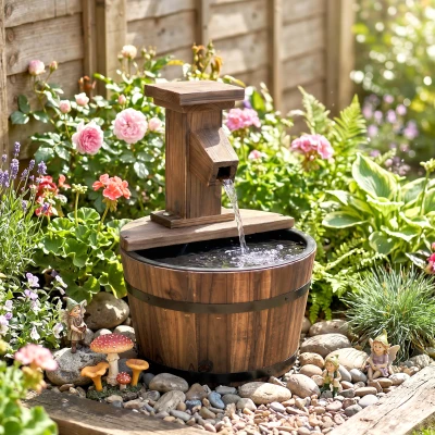 Outsunny Fonte elétrica para jardim ao ar livre com balde de madeira torneira bomba bacia decorativa fonte de ambiente jogo de água cascata para jardim relvado Ø27 x 37 cm carbonizada