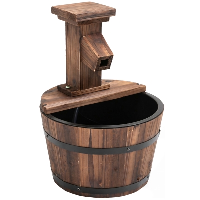 Outsunny Fonte elétrica para jardim ao ar livre com balde de madeira torneira bomba bacia decorativa fonte de ambiente jogo de água cascata para jardim relvado Ø27 x 37 cm carbonizada