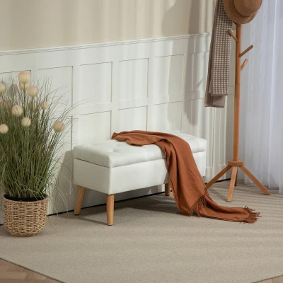 HOMCOM Banco estofado com arrumação, revestimento em veludo, pernas de madeira, para sala, quarto, corredor, 80 x 35 x 42 cm, Branco