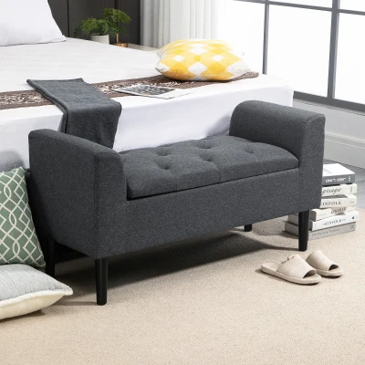 HOMCOM Banco com arrumação, banco estofado com aspecto de linho, pernas de madeira, banco suportando até 130 kg, para sala de estar quarto entrada, 116 x 44 x 58 cm Cinza escuro