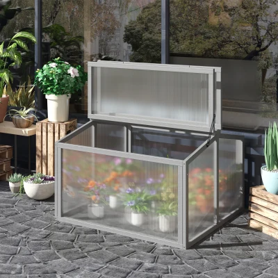 Outsunny Caixa de Cultivo Estufa com Cobertura de Madeira e Policarbonato Resistente às Intempéries 90x80x58 cm Cinza Claro