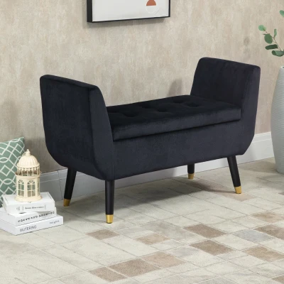 HOMCOM Banco com Armazenamento com Apoios de Braço, Banco Estofado com Acabamento a Veludo, Baú com Pés de Madeira, Banco-Baú para Sala de Estar Quarto Corredor 107 x 42 x 65 cm, Preto