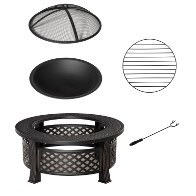Outsunny Bacia de fogo com gancho, proteção contra faíscas, cesto de fogo, mesa de fogo redonda, lareira para jardim, camping, churrasco, aço preto 81 x 81 x 50 cm