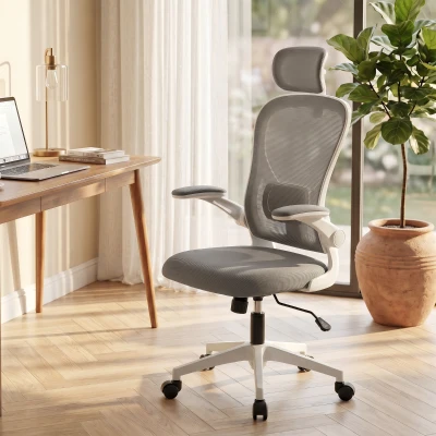 HOMCOM Cadeira de Escritório Giratória com Altura Ajustável Apoio para a Cabeça e Suporte Lombar Ajustáveis 58x63x115-125 cm Cinza