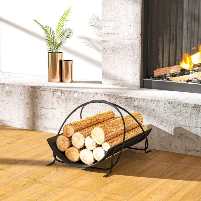 Outsunny Suporte de lenha para interior 51 x 38 x 33cm prateleira geométrica para lenha com alça em metal, Preto
