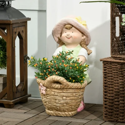 Outsunny Figura de Jardim \"Menina com Cesto de Flores\", Decoração de Jardim, resistente às intempéries, 20 cm x 30 cm x 40 cm
