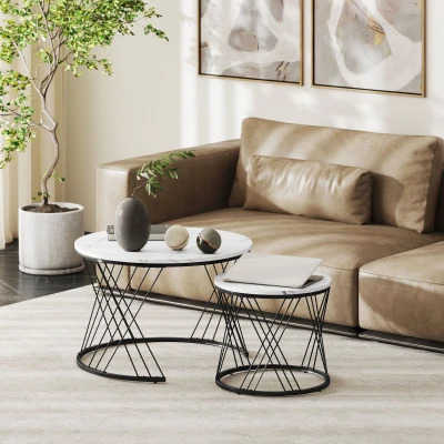 HOMCOM Conjunto de mesas de centro 2 peças, efeito mármore, aglomerado, metal, mesas de café redondas para sala de estar, encaixáveis, Branco