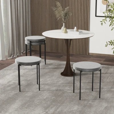 HOMCOM Banquetas para Sala de Jantar Conjunto de 4, Banquetas Empilháveis em Metal com Acabamento em Veludo, Banquetas Estofadas para Cozinha e Sala, Cinza