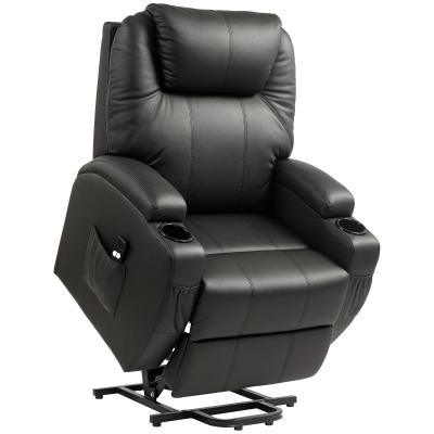 HOMCOM Poltrona de TV com ajuda elétrica para levantar, poltrona relax com função de deitar, controle remoto, porta-copos, bolso lateral, apoio para os pés, couro sintético, preto