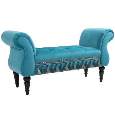HOMCOM Banco estofado com revestimento em veludo, banco com apoios de braço e estrutura em madeira, banco para sapatos para quarto, sala, corredor 117 x 40 x 58 cm Azul