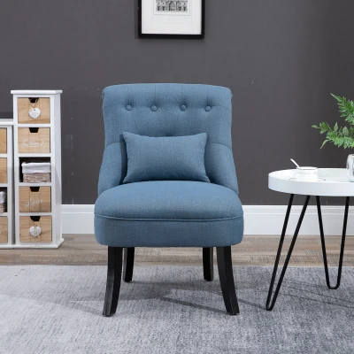 HOMCOM Poltrona Sala de Estar Poltrona Relax Loungesessel com Almofada de Encosto, Pernas em Madeira, Cadeira de Leitura com Aparência de Linho, Poltrona para Quarto, Azul