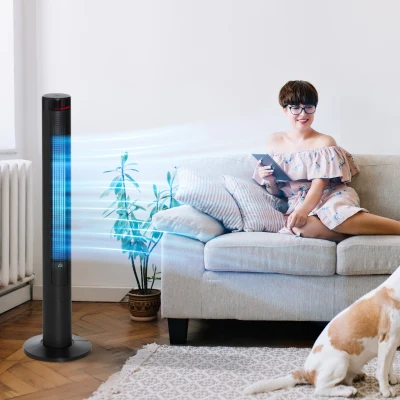 HOMCOM Ventilador de torre silencioso com controlo remoto 117 cm 70° oscilante, ventilador de pé com 4 modos, 3 velocidades, temporizador 12h, visor LED, Preto