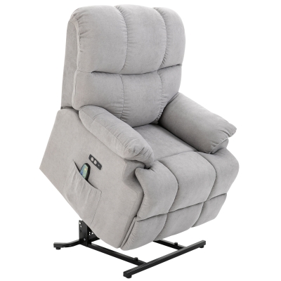 HOMCOM Poltrona com função de elevação, Poltrona de massagem, Poltrona relax com porta USB, Poltrona de TV com comando remoto, Bolso lateral, Poltrona de TV reclinável com acabamento aveludado, Cinza