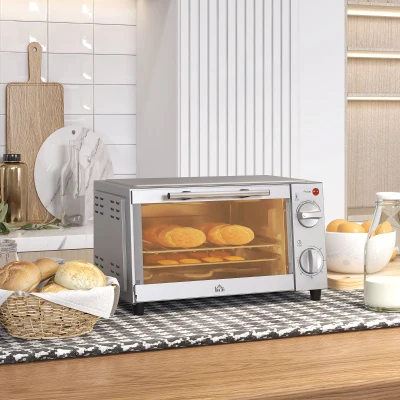 HOMCOM Mini-forno, 9 L Mini-forno com tabuleiro, grelha, com temperatura e tempo de cozedura ajustáveis, aço inoxidável, prata