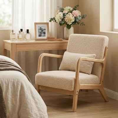 HOMCOM Fauteuil Lounge Velours Beige Bois 3 Coussins Assise Profonde