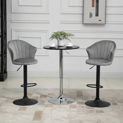 HOMCOM Conjunto de 2 banquetas de bar giratórias com encosto Toque em veludo Banqueta bistrô com altura ajustável Sem braços Espuma Cinza 54 x 56 x 91-111 cm