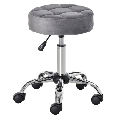 HOMCOM Banco de salão com rodas Banqueta giratória regulável em altura Toque de veludo Espuma Base cromada Cinzento claro 35 x 35 x 49-61 cm