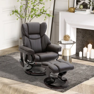 HOMCOM Poltrona Relax com Puff, Poltrona de TV giratória 360° com Massagem, Reclinável, Poltrona de Massagem com Bolso Lateral, Estofado em Pele Sintética para Sala de Estar Marrom