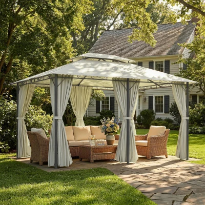 Outsunny Garden Gazebo Steel Frame 4x3m with Curtains Beige