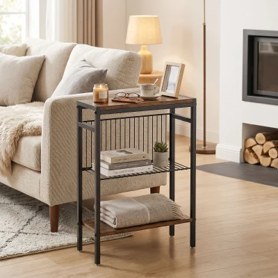 HOMCOM Bijzettafel met 3 planken, kleine nachttafel met metalen frame, rustiek bruin voor de woonkamer