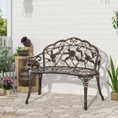 Outsunny Gartenbank 2-Sitzer aus Metall, Sitzbank im Retro Stil, Parkbank mit Blumenmuster 100 x 54 x 78 cm, Bronze