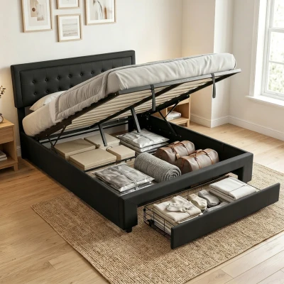 HOMCOM King Ottoman Bed Frame Storage Drawer Adjustable 5ft Black