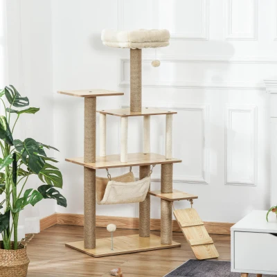 PawHut Arbre à chat tour de jeux pour chat, platesformes, niche, lit, hamac, échelle et griffoirs en jute 60x40x130cm jaune