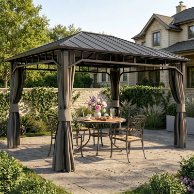 Outsunny Garten-Pavillon, Metallpavillon, wasserfest, UV-beständig, Terrassenpavillon mit Netzwänden und Vorhängen, Dunkelgrau