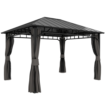 Outsunny Garten-Pavillon, Metallpavillon, wasserfest, UV-beständig, Terrassenpavillon mit Netzwänden und Vorhängen, Dunkelgrau