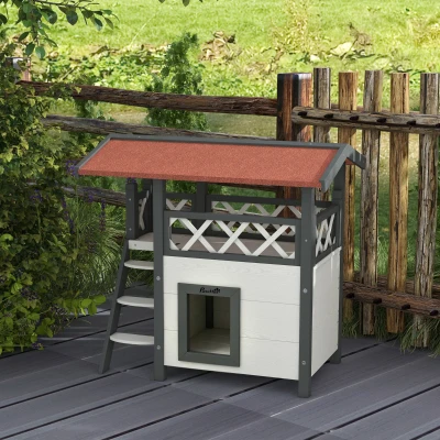 PawHut Maison Chat Terrasse Escalier 77x50x73cm Blanc/Rouge