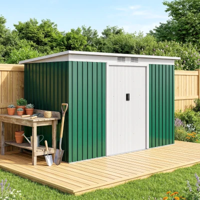 Outsunny Abri de jardin 3,6 m² 280 x 130 x 172 cm kit de fondation porte coulissante ventilations acier galvanisé vert foncé