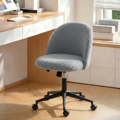 HOMCOM Silla de Oficina Giratoria en Pelo Teddy, Altura Regulable, Ruedas, Espuma de Alta Resiliencia, Gris