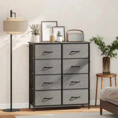 HOMCOM Cómoda de 8 cajones en tela, mueble de almacenamiento con 4 bolsillos, 2 ganchos, estructura de acero, 86 x 30 x 94,5 cm, gris