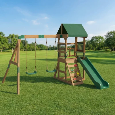 AIYAPLAY Structure Bois Toboggan Balançoires Vert 3-8 Ans