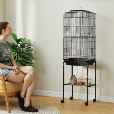 PawHut Cage à Oiseaux sur Pied 157cm Toit Ouvrant Noir