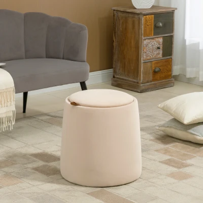 HOMCOM Pouf coffre rangement, pouf repose-pieds en tissu velours givré, couvercle réversible, Ø 44 x 47,5 cm, beige