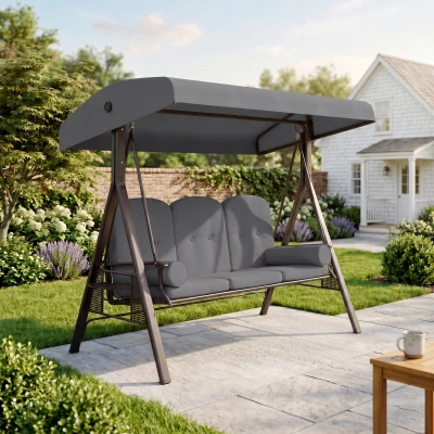 Outsunny Hollywoodschaukel 3-Sitzer Gartenschaukel mit Sonnendach Tablett Sitzauflage  bis 360kg Dunkelgrau