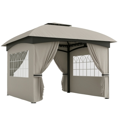 Outsunny 3,4 x 3,4 m Gartenpavillon, Bierzelt mit Lüftungsdach, Bogenfenstern, Stahlgestell, Hellgrau