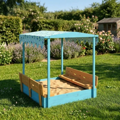 AIYAPLAY Bac à Sable Bois Dinosaures Toit Sièges 134x127x130cm Bleu