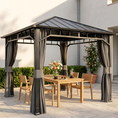 Outsunny Pavillon 3 x 3 m Wasserdicht Stabil Winterfest Gartenpavillon mit Seitenteile, Netze, Haken Hardtop Dunkelgrau