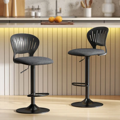 HOMCOM Juego de 2 Taburetes de Bar Giratorios en 360° Regulables en Altura de 84-105 cm Respaldo Hueco Reposapiés Negro